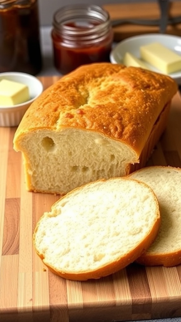 Freshly baked gluten-free sandwich bread loaf with slices on a cutting board.